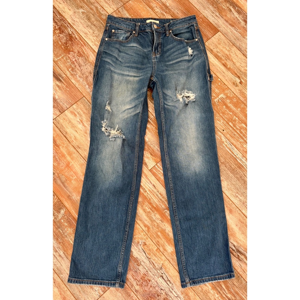 Cleo + Wolf High Rise Straight Leg Carpenter Jeans Distressed Blue 28W x 32L
